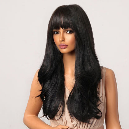 Delivery From US | 24 inch Long Black Wavy With Bangs for Women MA2051-1