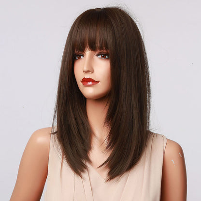 Delivery From US | 16 Inch Medium Length Straight Dark Brown Wig With Bangs Synthetic Heat Resistant Wig LC5056-1