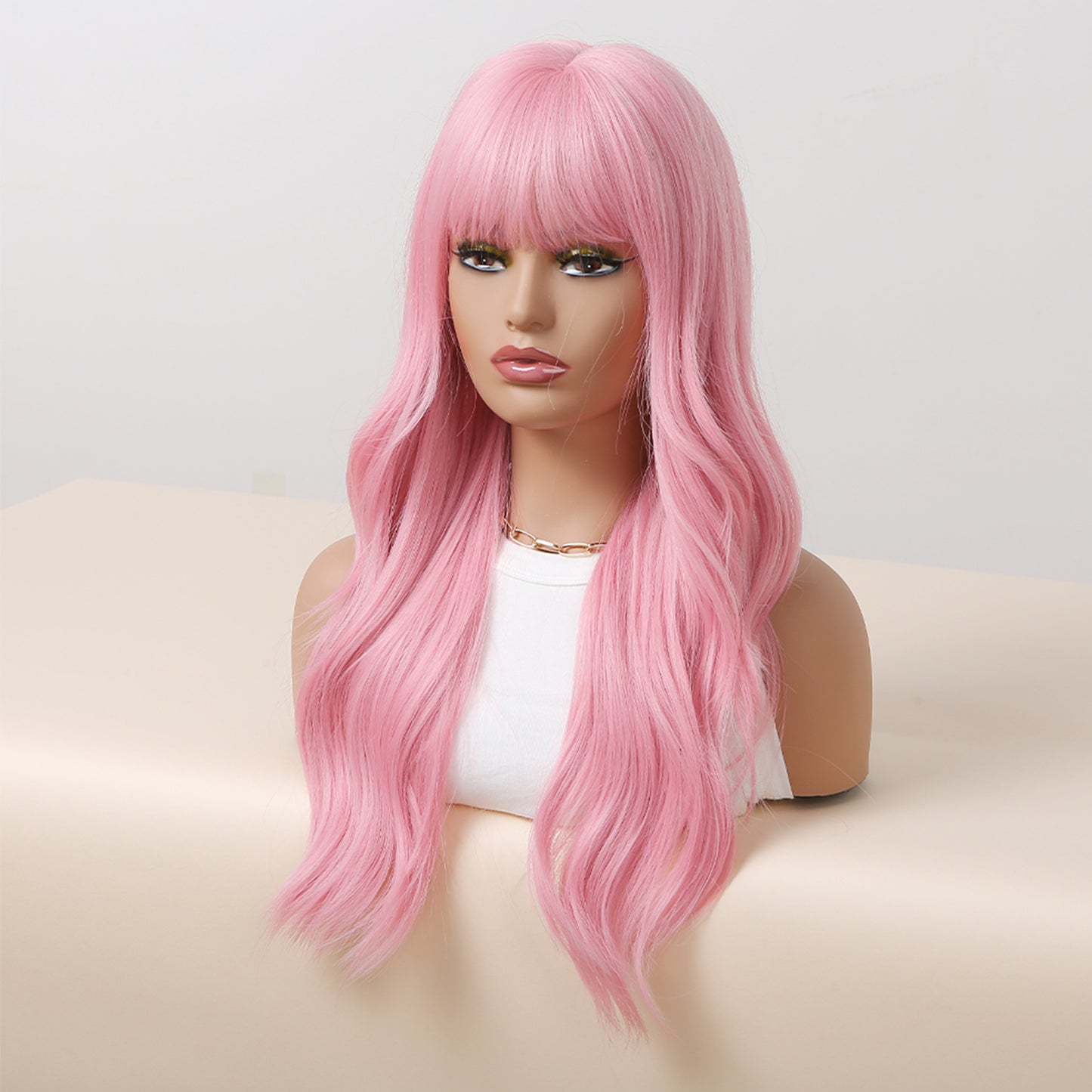 24 Inch Long Pink Wavy Wig With Bangs Synthetic Heat Resistant Wig WL1038-1