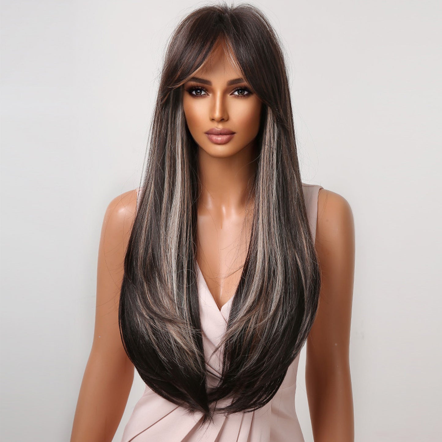 Delivery From US | 26 Inch Black Mixed Brown Long Straight Wigs with Bangs for Women MA2075-1