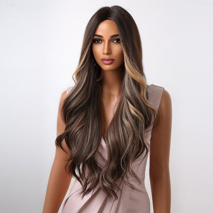 Delivery From US | 30 inch Long Brown Mixed Blonde Wavy Wig for Women MA2048-1