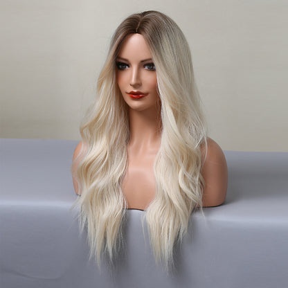 26 Inch Long Wavy Platinum Wavy Wig Middle Part Synthetic Heat Resistant Wig LC179-11