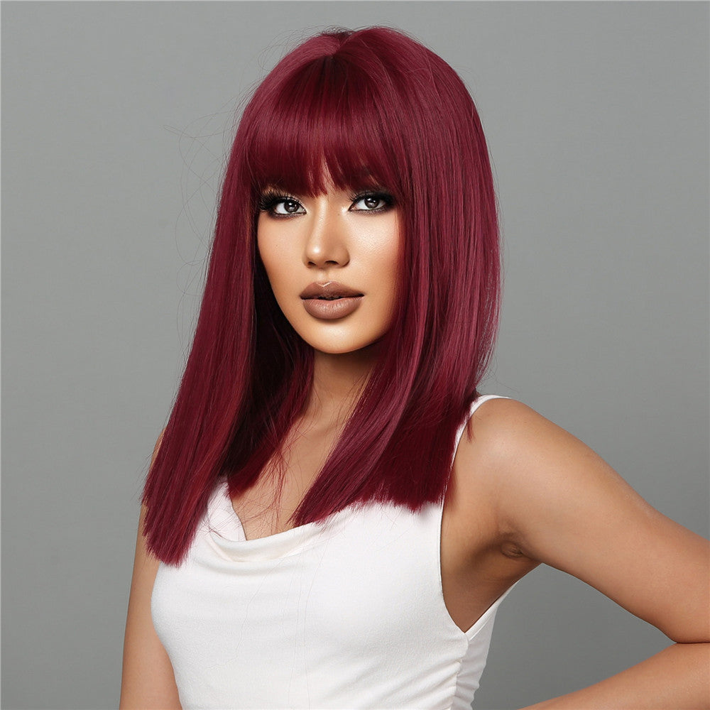 Delivery From US | 18 inch Long Straight Wine Red Wigs with Bangs with Bangs for Women MA2072-1