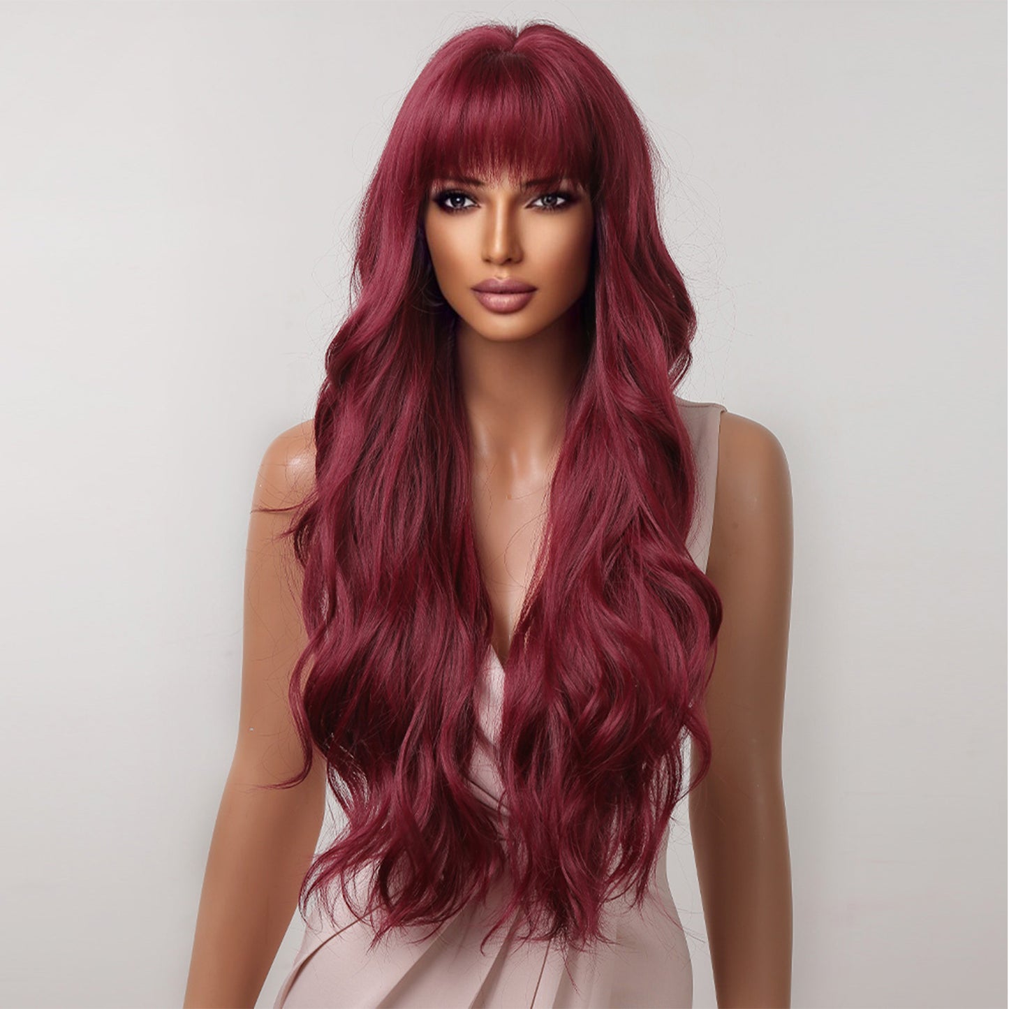 Delivery From US | 26 Inch Wine Red Long Curly Wavy Wigs with Bangs for Women MA2074-1