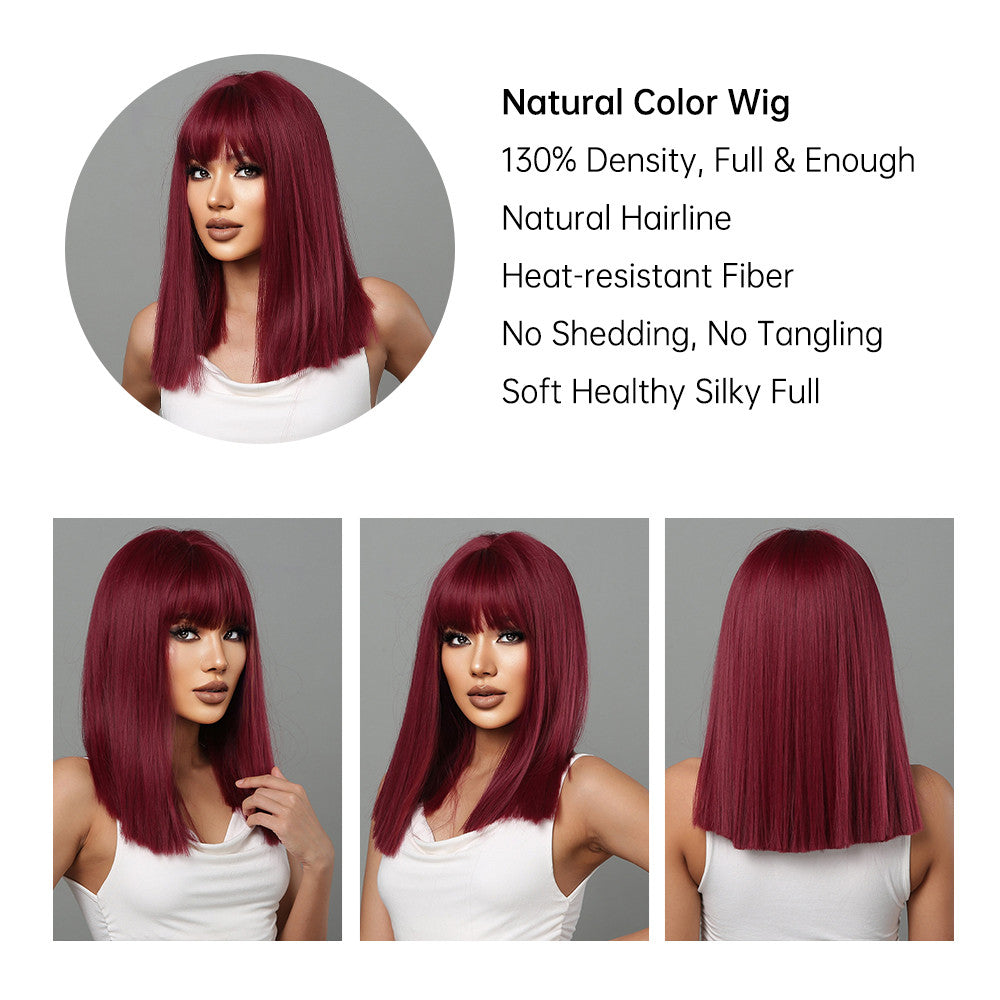 Delivery From US | 18 inch Long Straight Wine Red Wigs with Bangs with Bangs for Women MA2072-1