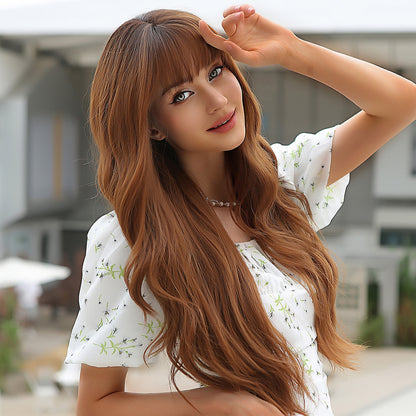 28 Inch Long Brown Wavy Wigs With Bangs for Women WL1068-1