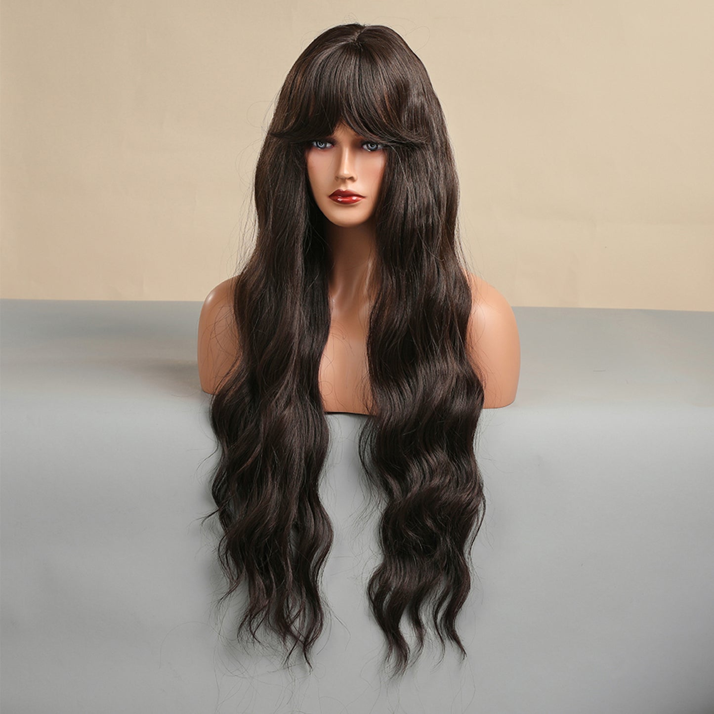 26 Inch Long Dark Brown Wavy Wig With Bangs Synthetic Heat Resistant Wig LC5123-1