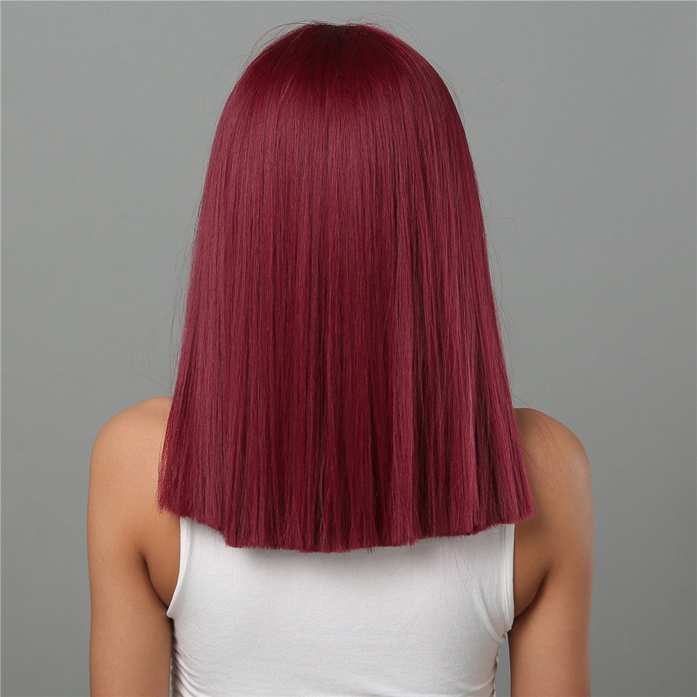 Delivery From US | 18 inch Long Straight Wine Red Wigs with Bangs with Bangs for Women MA2072-1