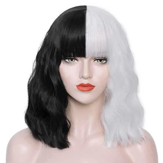 14 inches Half Black and White Wig with Bangs Shoulder Length Curly Wavy Wig