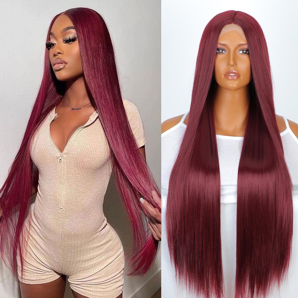 13x4 Lace Frontal Burgundy Color Long Straight 100% Brazilian Human Hair Wig 180% & 210% Density