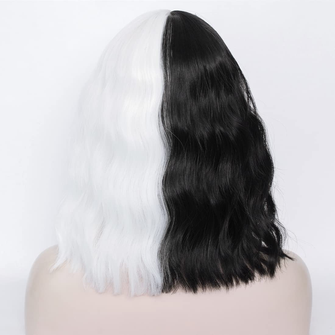 14 inches Half Black and White Wig with Bangs Shoulder Length Curly Wavy Wig