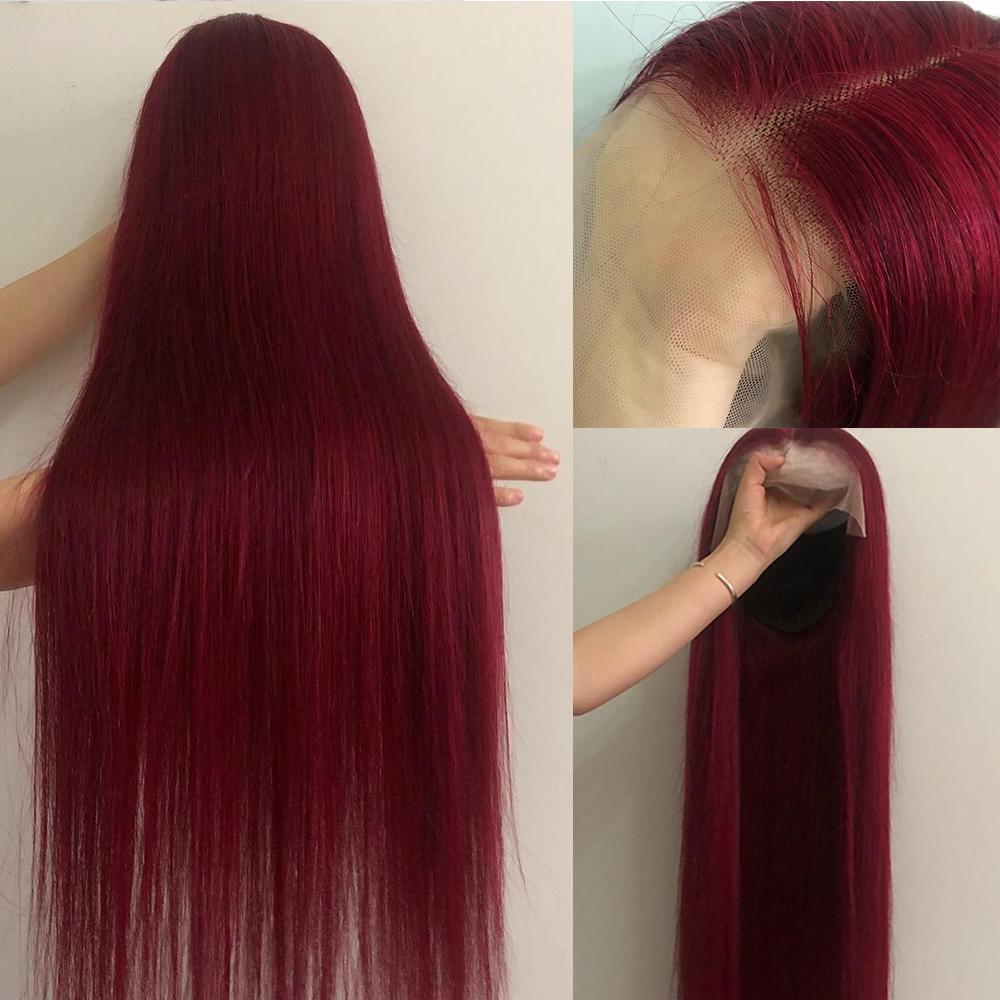 13x4 Lace Frontal Burgundy Color Long Straight 100% Brazilian Human Hair Wig 180% & 210% Density