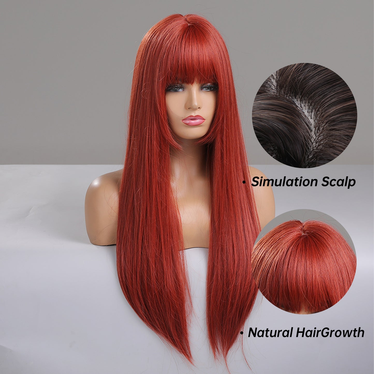 24 Inch Long Red Straight Wig With Bangs Synthetic Heat Resistant Wig LC5021-1