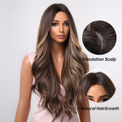 Delivery From US | 30 inch Long Brown Mixed Blonde Wavy Wig for Women MA2048-1