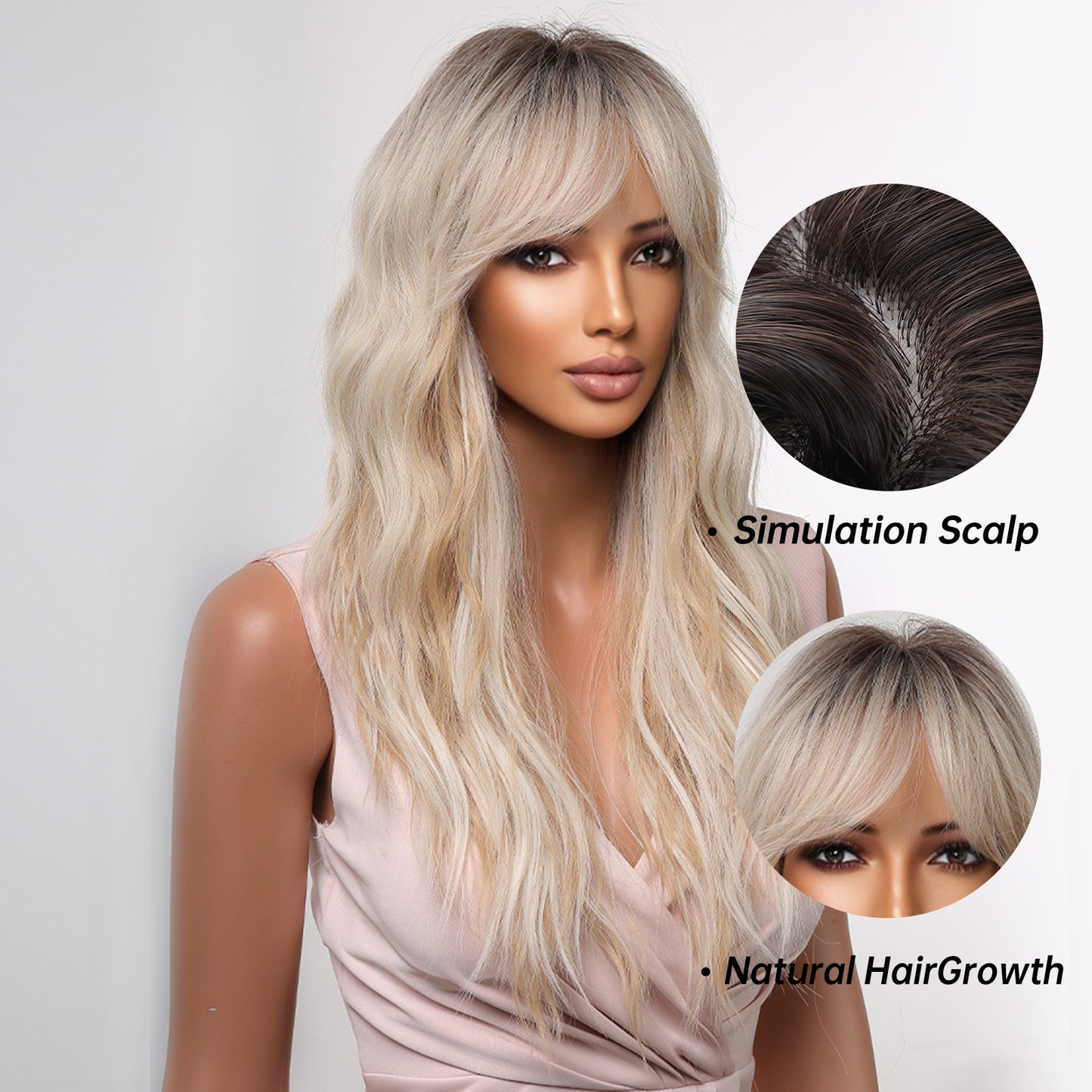 Delivery From US | 30 inch Long Light Gold Wavy Wig With Bangs for Women MA2061-1