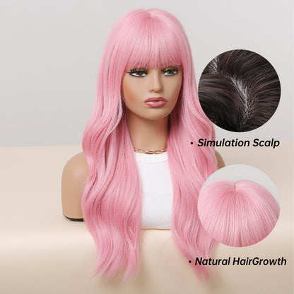 24 Inch Long Pink Wavy Wig With Bangs Synthetic Heat Resistant Wig WL1038-1