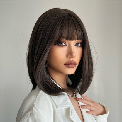 14inches straight and black-brown hair for women wig ss189