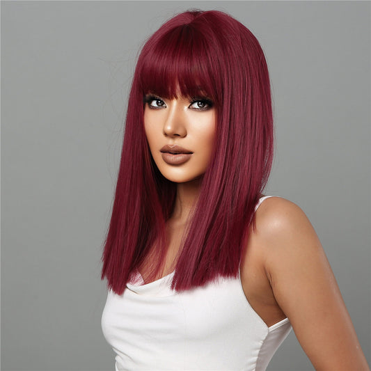 Delivery From US | 18 inch Long Straight Wine Red Wigs with Bangs with Bangs for Women MA2072-1