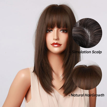 Delivery From US | 16 Inch Medium Length Straight Dark Brown Wig With Bangs Synthetic Heat Resistant Wig LC5056-1