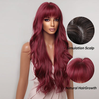 Delivery From US | 26 Inch Wine Red Long Curly Wavy Wigs with Bangs for Women MA2074-1