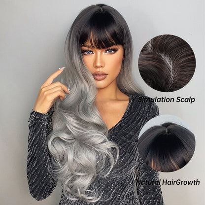 28 Inch Brown Ombre Gray Long Wavy Wigs for Women LC6109-1