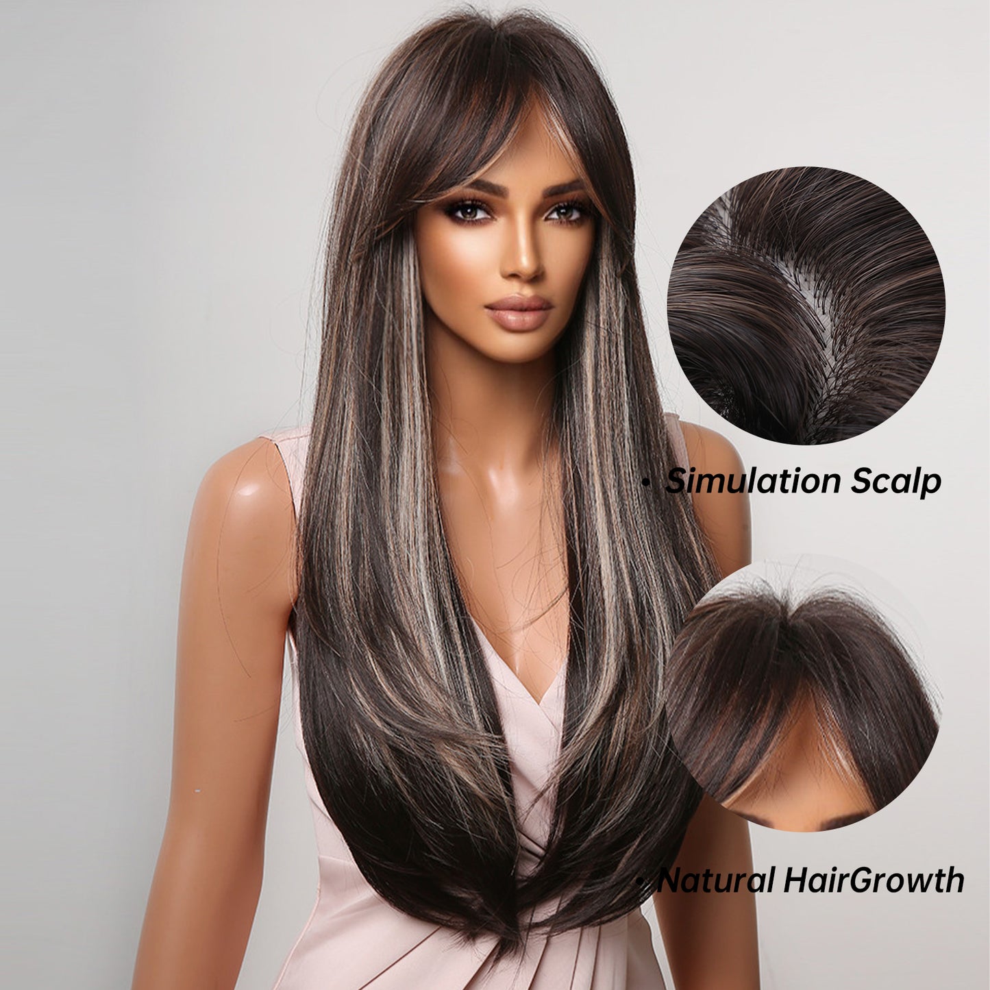 Delivery From US | 26 Inch Black Mixed Brown Long Straight Wigs with Bangs for Women MA2075-1