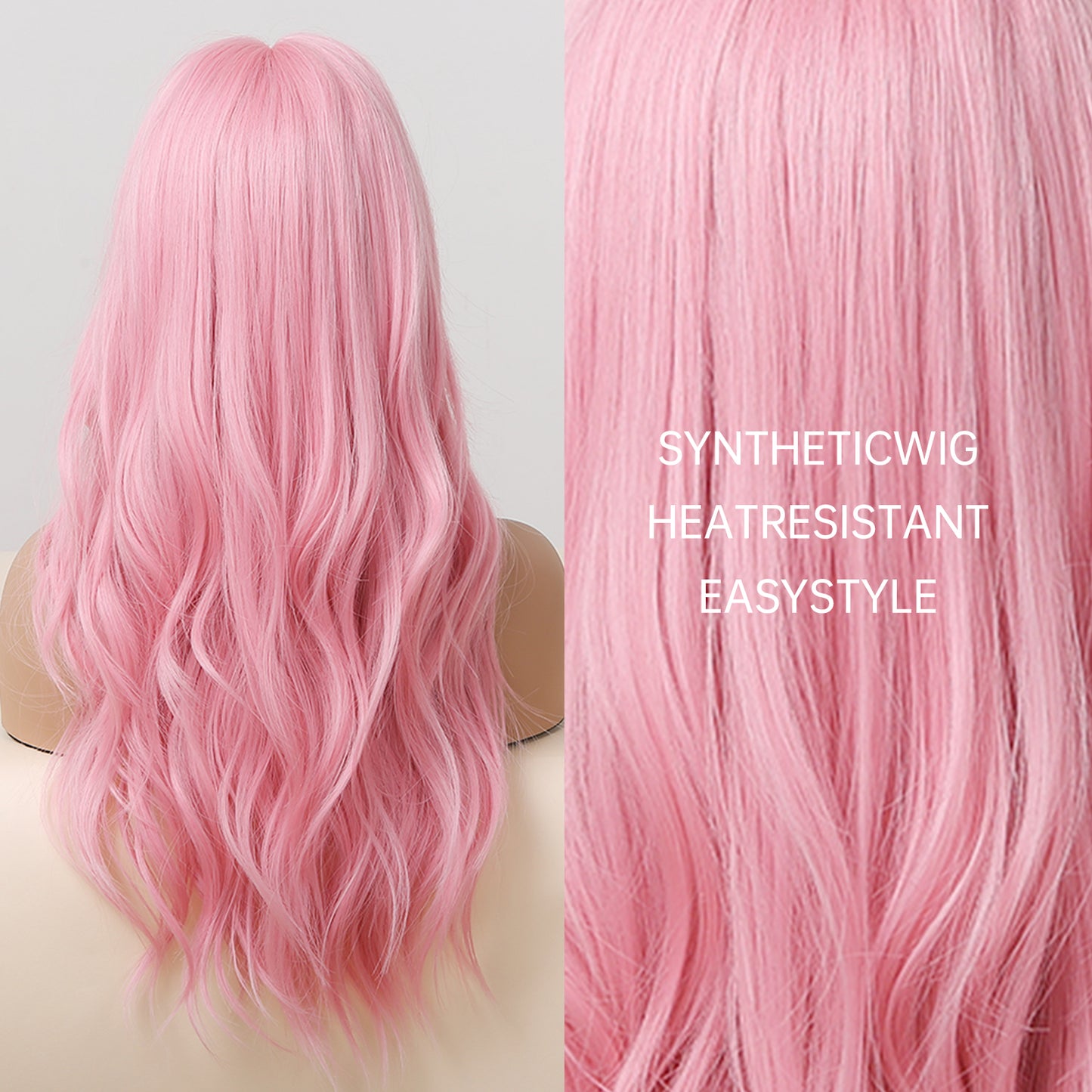 24 Inch Long Pink Wavy Wig With Bangs Synthetic Heat Resistant Wig WL1038-1