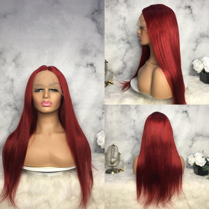 13x4 Lace Frontal Burgundy Color Long Straight 100% Brazilian Human Hair Wig 180% & 210% Density