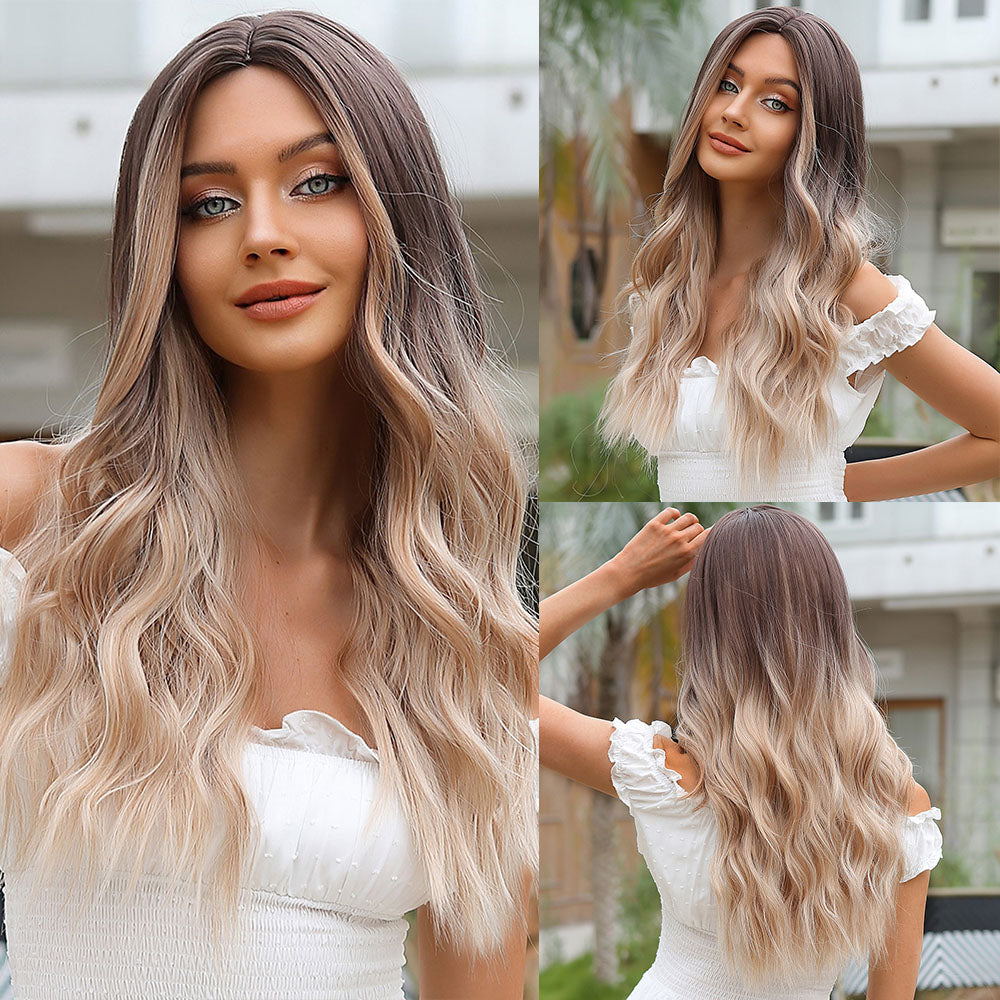 24 Inch Gray Ombre Platimun long Wavy Wigs Middle Part for Women WL1080-1