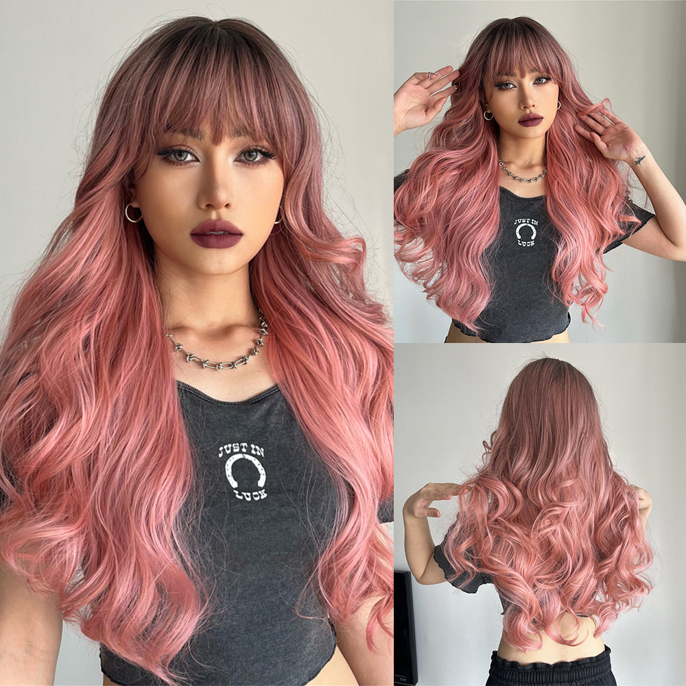 26inches ombre pink wave long hair  fashion wig LC6018