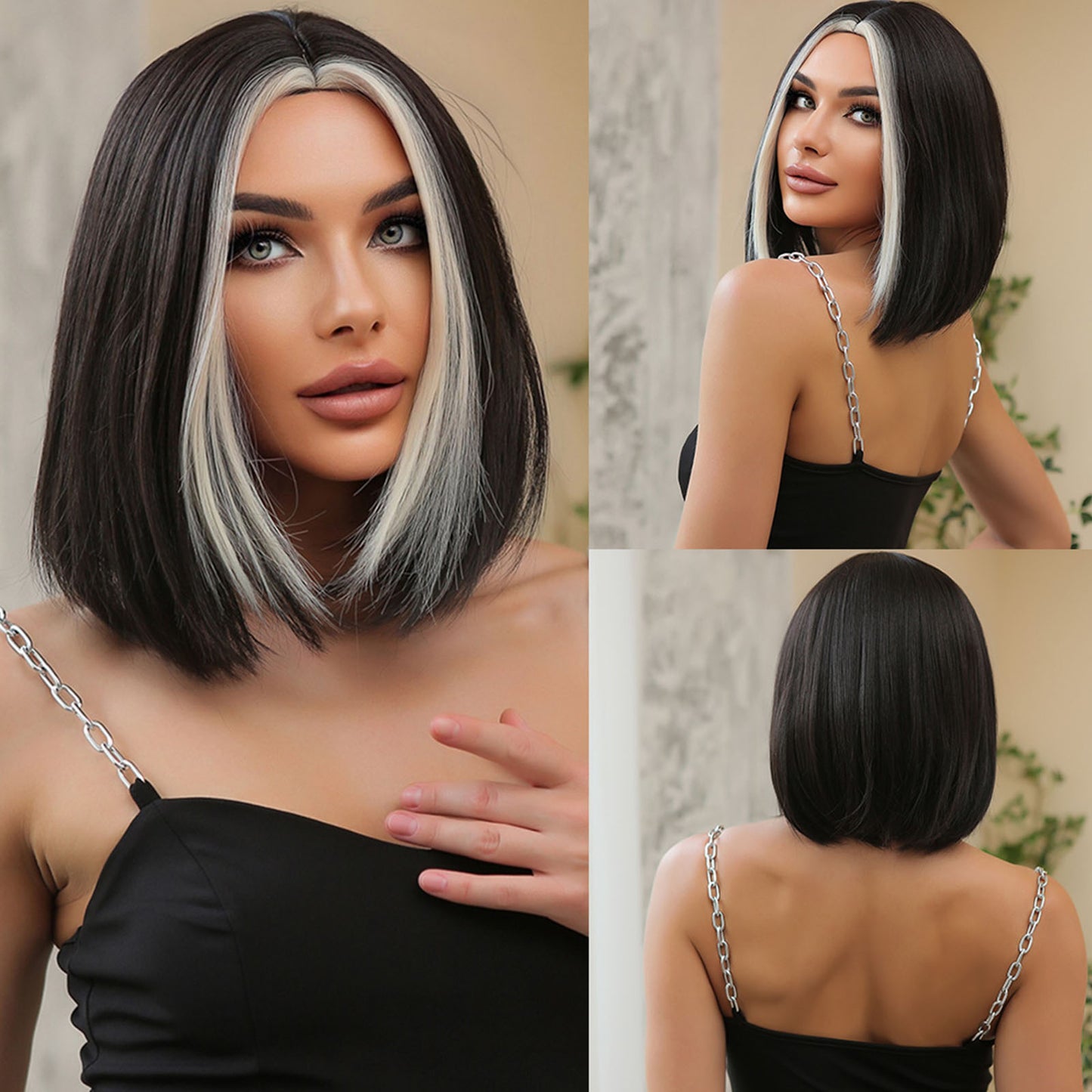 12 Inch Black with Gray Highlight Middle Part Bob for Women WL1031-1