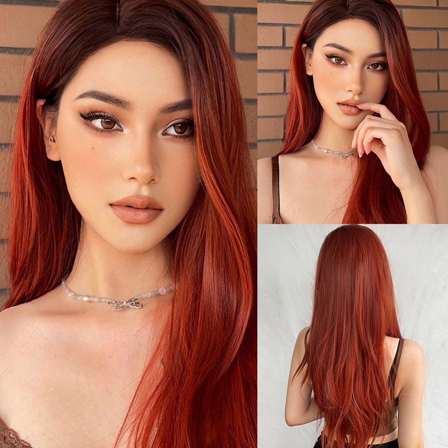 28 Inch Brown Ombre Red Long Straight wigs for Women WL1046-1