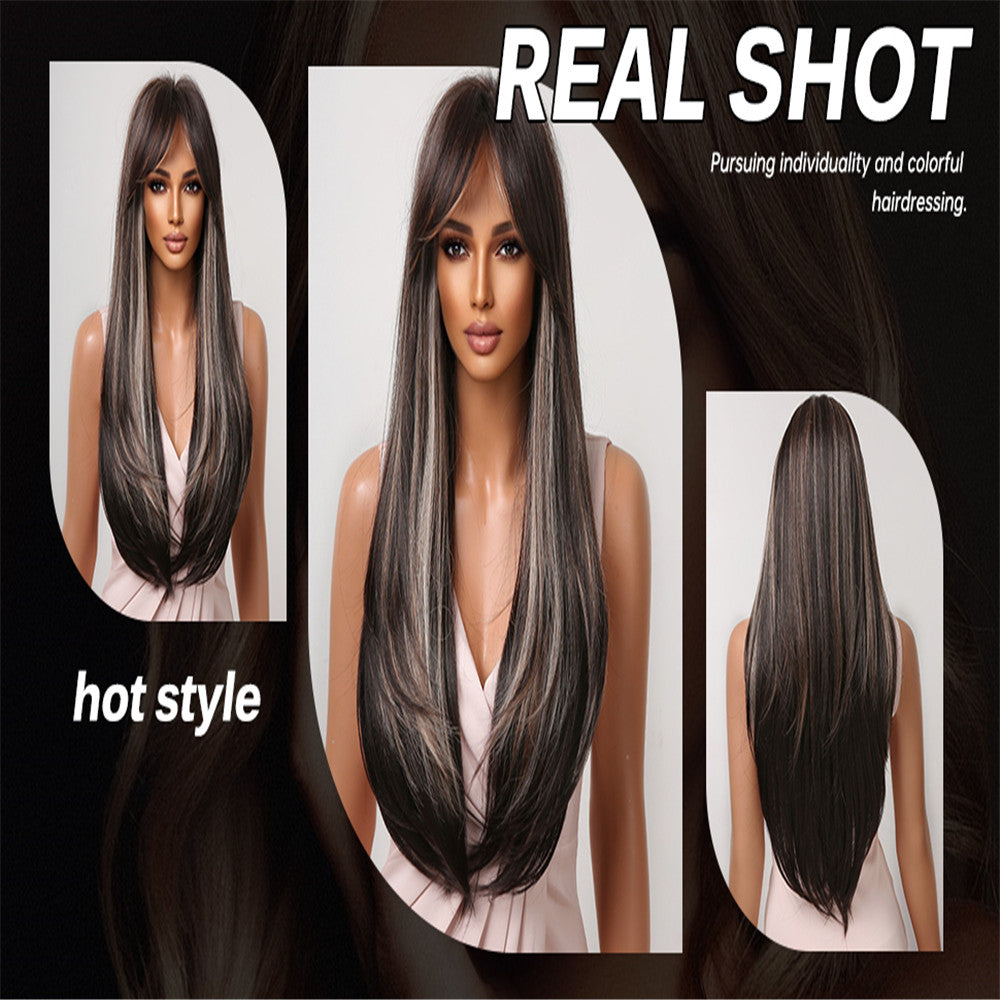 Delivery From US | 26 Inch Black Mixed Brown Long Straight Wigs with Bangs for Women MA2075-1