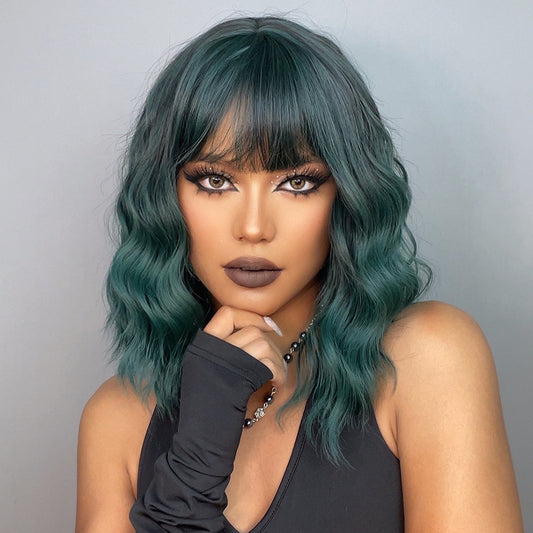 14 inches Short Bob Wavy Dark Blue Synthetic Wig