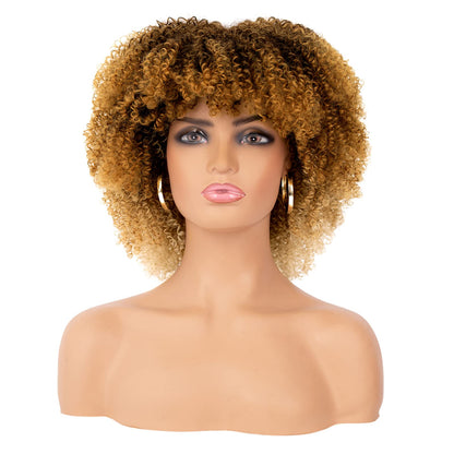 16 inches Synthetic Short Hair Afro Kinky Curly Wigs With Bangs