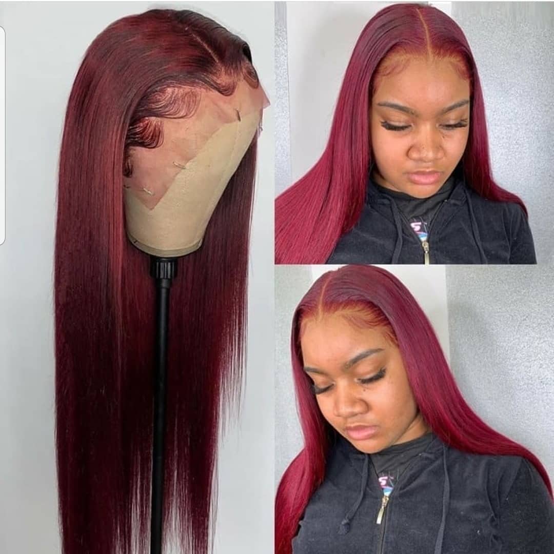 13x4 Lace Frontal Burgundy Color Long Straight 100% Brazilian Human Hair Wig 180% & 210% Density