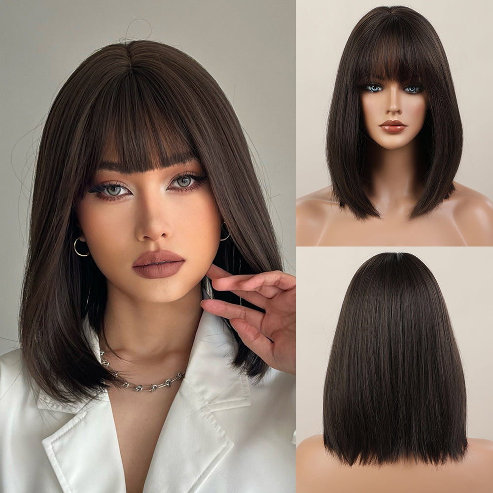 14inches straight and black-brown hair for women wig ss189